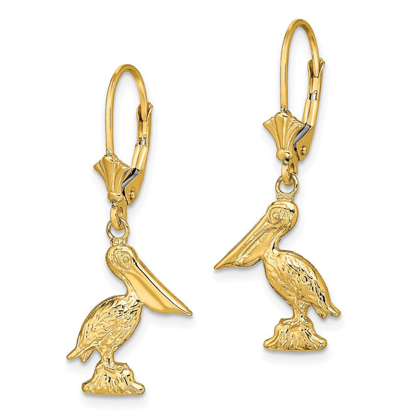 14K Gold 3D Pelican Leverback Earrings