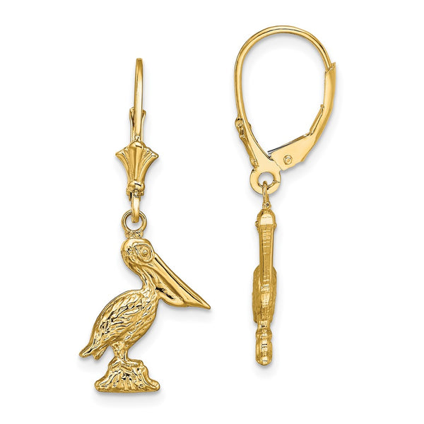 14K Gold 3D Pelican Leverback Earrings