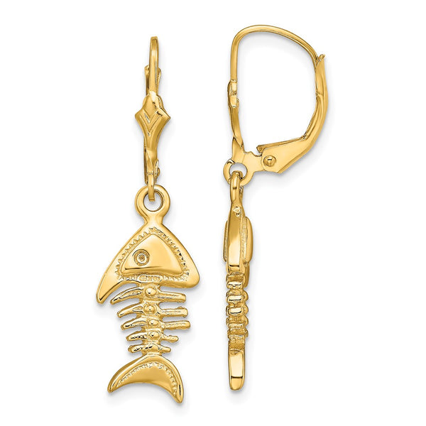 14K Gold 3D Fishbone Leverback Earrings