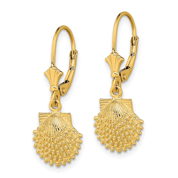 14K Gold Leverback Earrings - 2-D Beaded Scalloped Shell