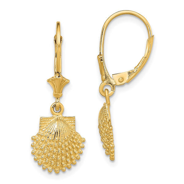 14K Gold Leverback Earrings - 2-D Beaded Scalloped Shell