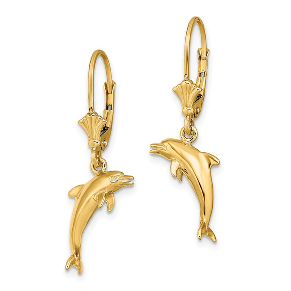 14K Gold 3D Mini Dolphin Leverback Earrings