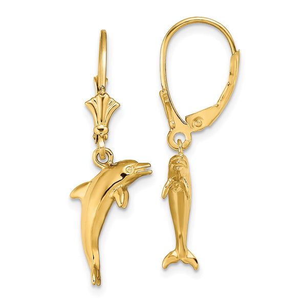 14K Gold 3D Mini Dolphin Leverback Earrings