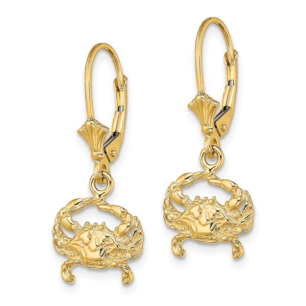 14K Gold Blue Crab Leverback Earrings - 2D