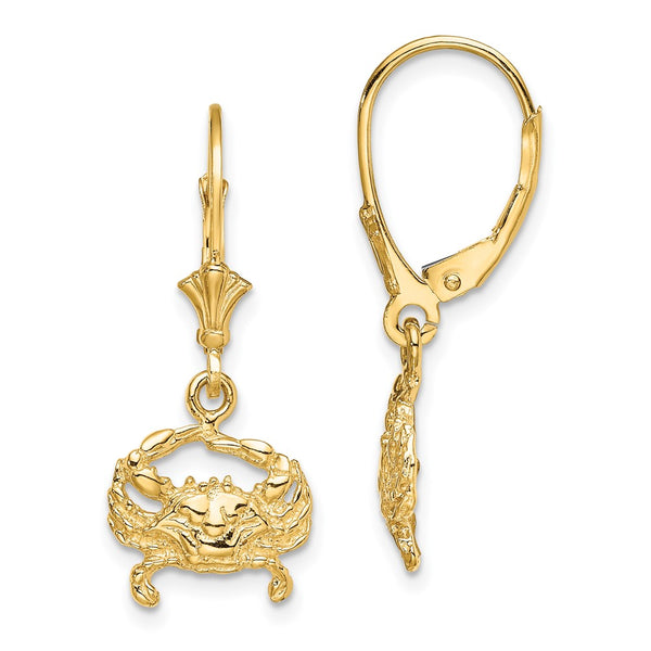 14K Gold Blue Crab Leverback Earrings - 2D