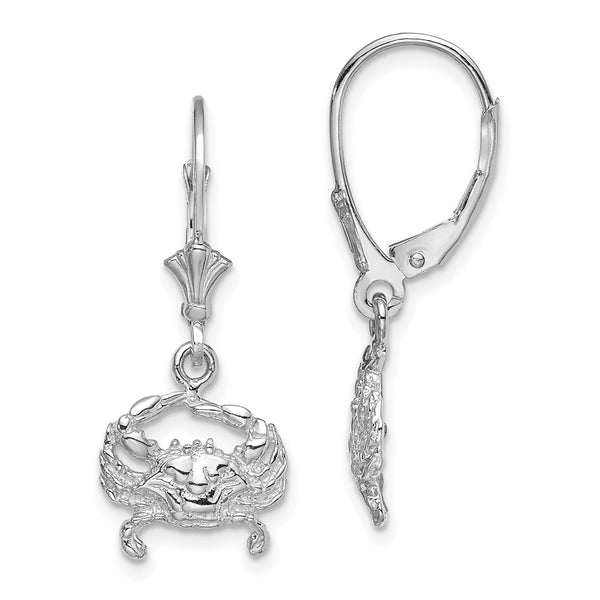 14K White Gold Leverback Earrings - Blue Crab