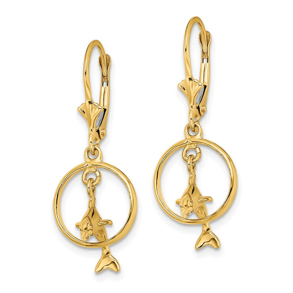 14K Gold 3D Dolphin Hoop Earrings - Lightweight