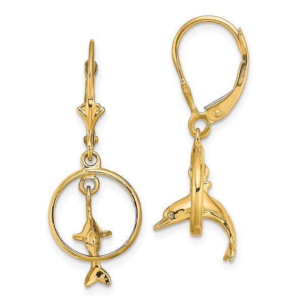 14K Gold 3D Dolphin Hoop Earrings - Lightweight