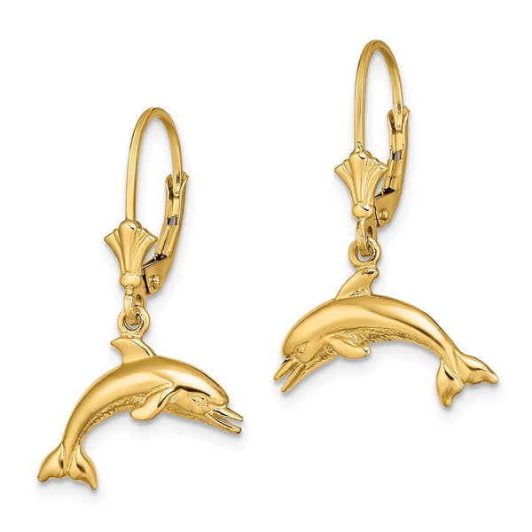 14K Gold Dolphin Leverback Earrings - 0.85mm