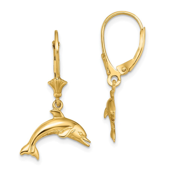 14K Gold Dolphin Leverback Earrings - 0.85mm