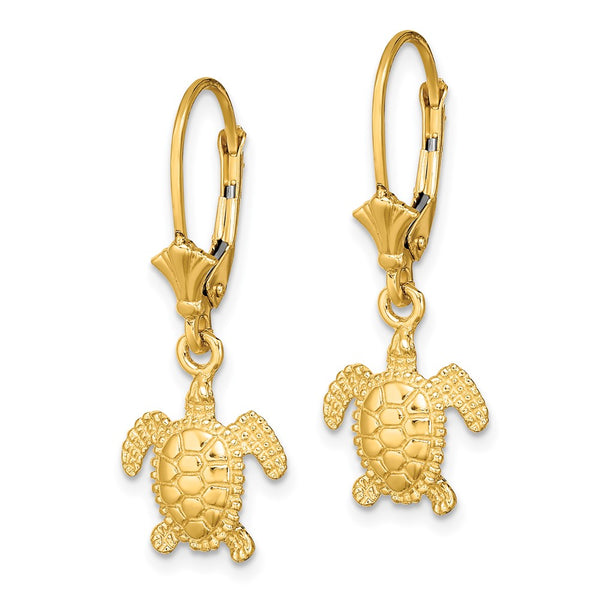 14K Gold 3D Polished Mini Sea Turtle Leverback Earrings - 8mm