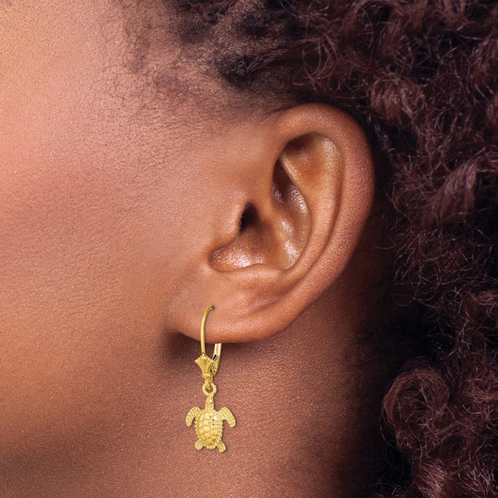 Buy Stylish 14K Gold 3D Polished Mini Sea Turtle Leverback Earrings - 8mm-3