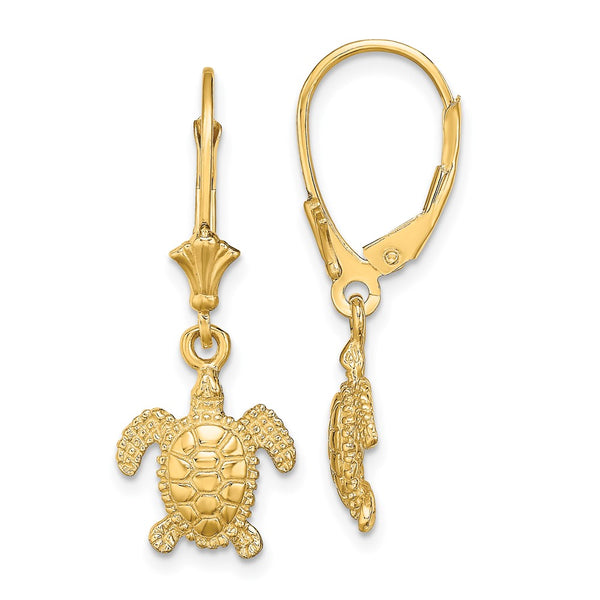 14K Gold 3D Polished Mini Sea Turtle Leverback Earrings - 8mm