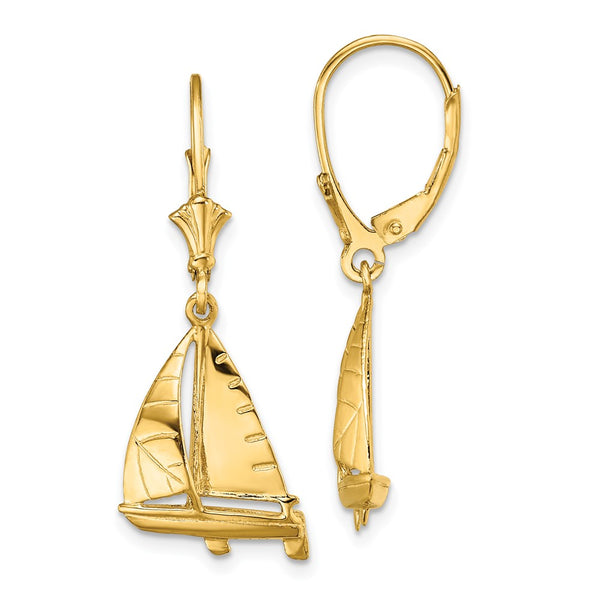 14K Gold 3D Sailboat Leverback Earrings