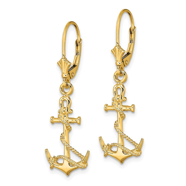 14K Gold 3D Anchor Leverback Earrings - Twisted Rope
