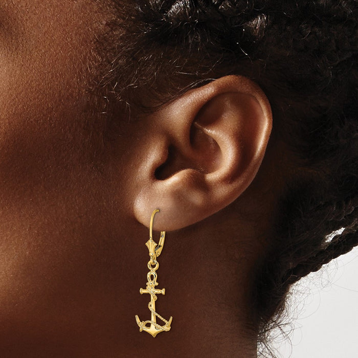 Exclusive 14K Gold 3D Anchor Leverback Earrings - Stylish Twisted Rope Design-3