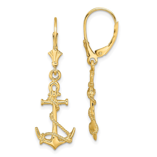 14K Gold 3D Anchor Leverback Earrings - Twisted Rope