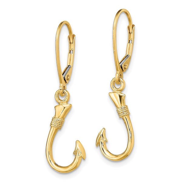 14K Gold 3D Fish Hook Leverback Earrings