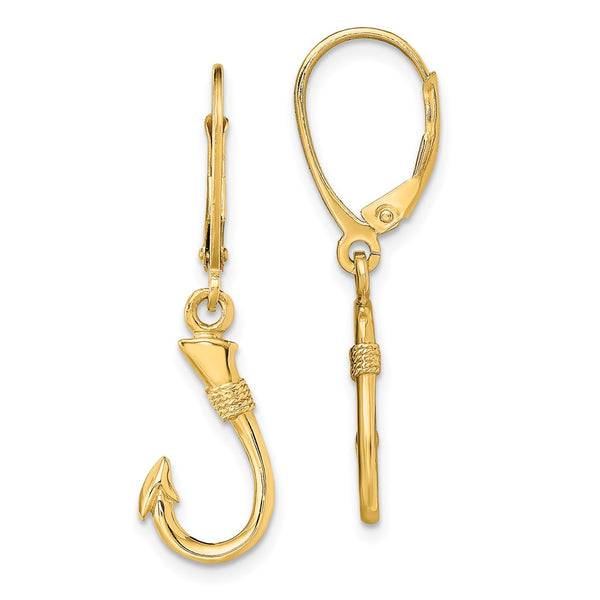 14K Gold 3D Fish Hook Leverback Earrings