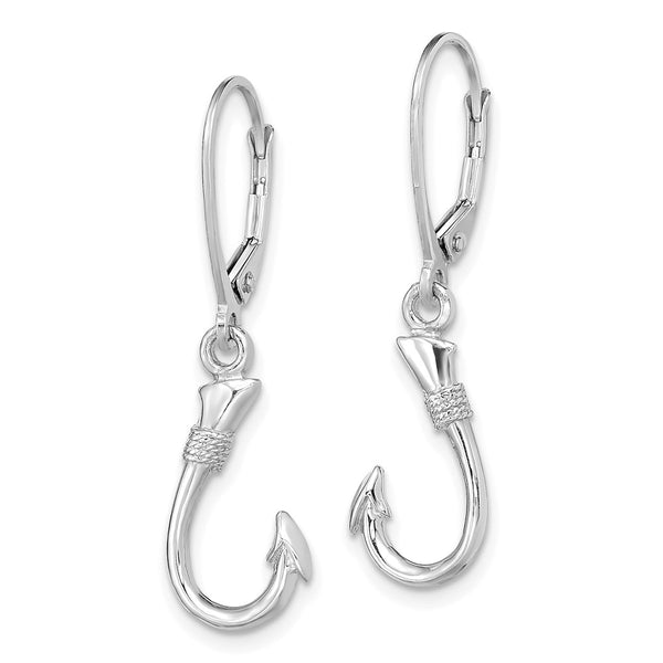 14K White Gold 3D Fish Hook Leverback Earrings