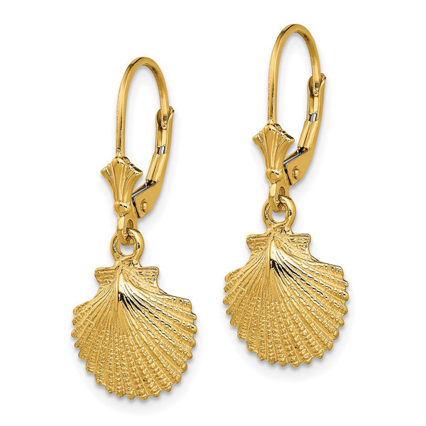 14K Gold Textured Scallop Shell Leverback Earrings - 2D