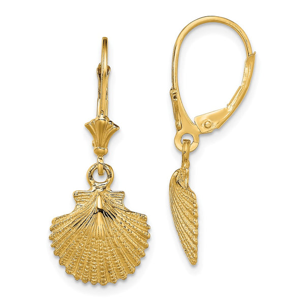 14K Gold Textured Scallop Shell Leverback Earrings - 2D