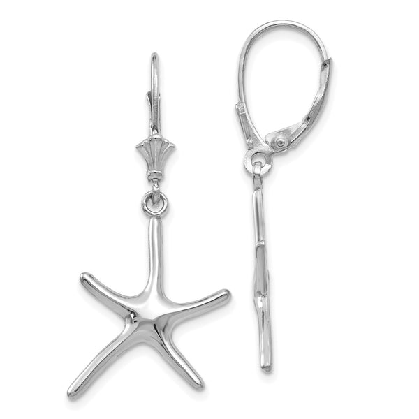 14K White Gold Starfish Dancing Leverback Earrings - 1.5" Long