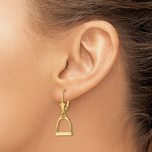 14K Gold 3D Mini Horse Stirrup Leverback Earrings, 0.85mm
