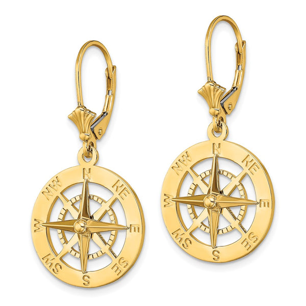 14K Gold Nautical Compass Leverback Earrings