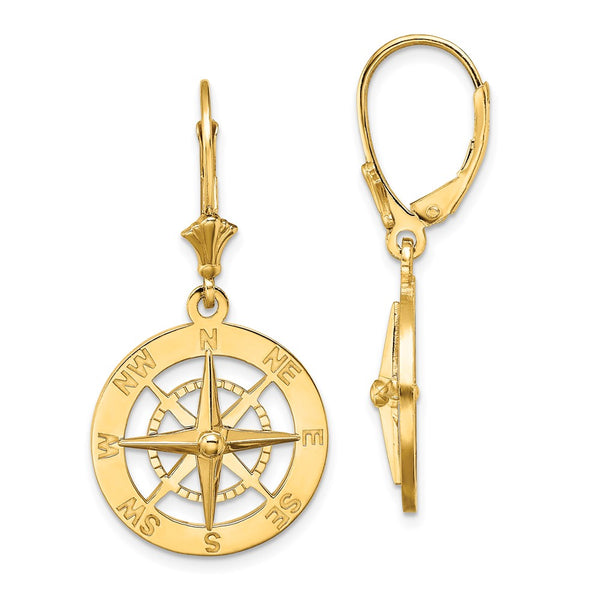 14K Gold Nautical Compass Leverback Earrings