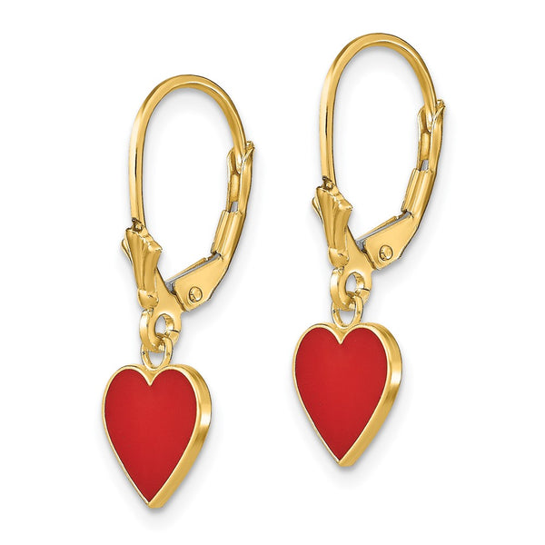14K Gold Polished Enameled Heart Dangle Earrings