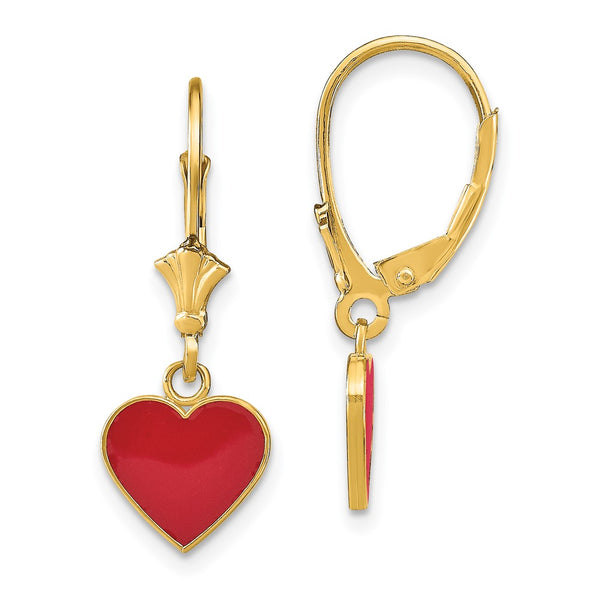 14K Gold Polished Enameled Heart Dangle Earrings