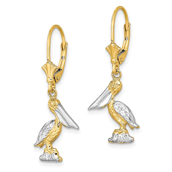 14K Gold & Rhodium 3D Pelican Leverback Earrings