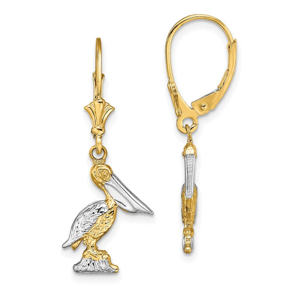 14K Gold & Rhodium 3D Pelican Leverback Earrings