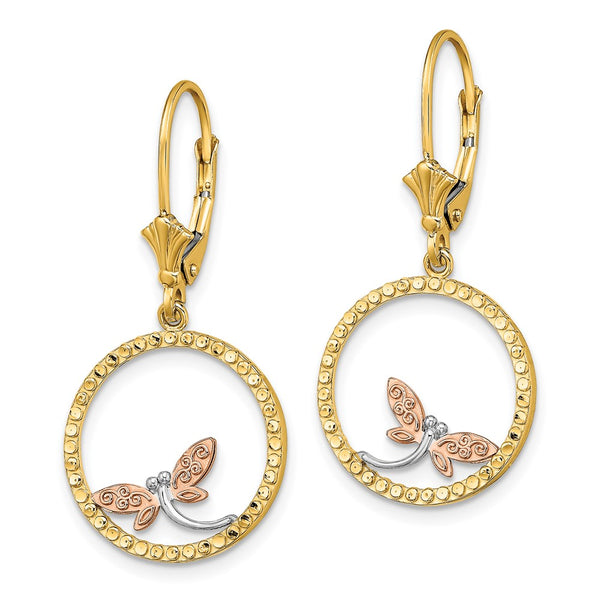 14K Two-Tone White Rhodium Dragonfly Drop Earrings