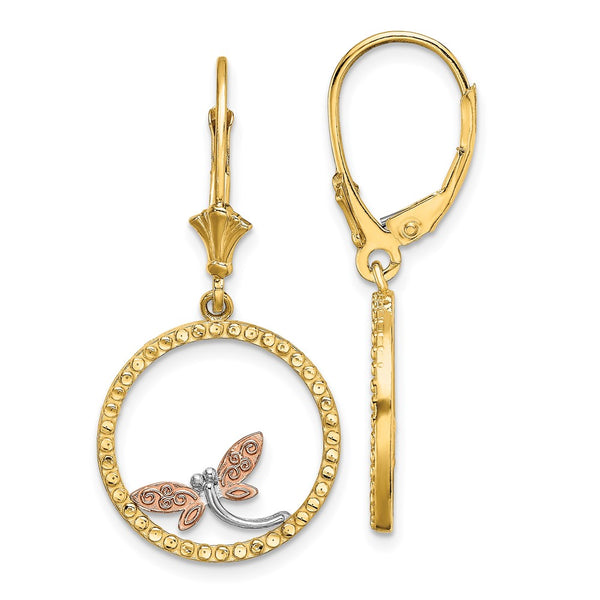 14K Two-Tone White Rhodium Dragonfly Drop Earrings