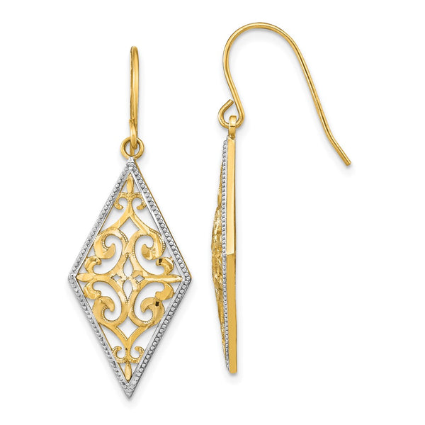 14K Gold Rhodium-Plated Diamond-Shaped Dangle Earrings