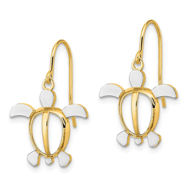 14K White Gold Sea Turtle Dangle Earrings - 0.85mm Rhodium-Plated