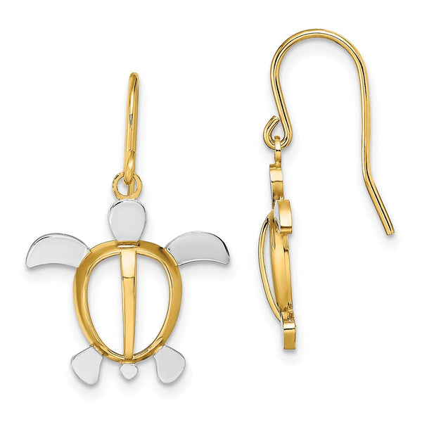 14K White Gold Sea Turtle Dangle Earrings - 0.85mm Rhodium-Plated