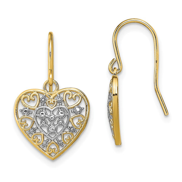 14K Gold Filigree Heart Earrings - Rhodium-Plated
