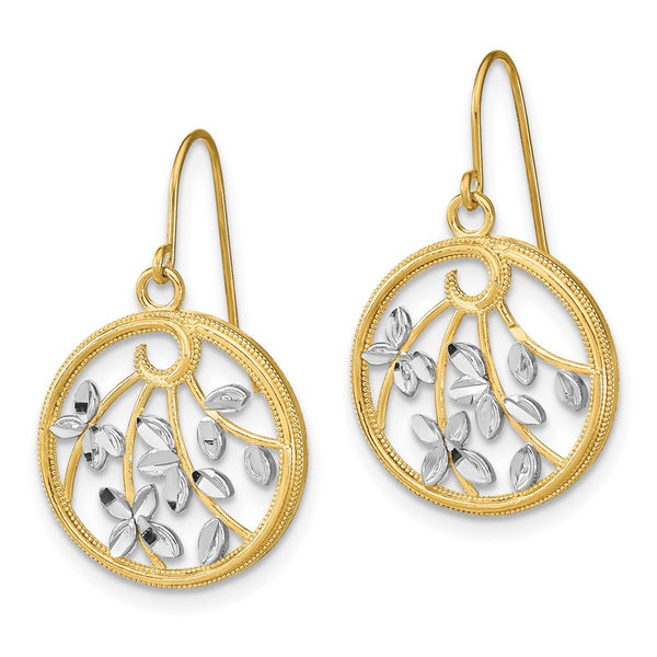 14K Gold & Rhodium Plated Leaf Design Dangle Earrings, 1.5"