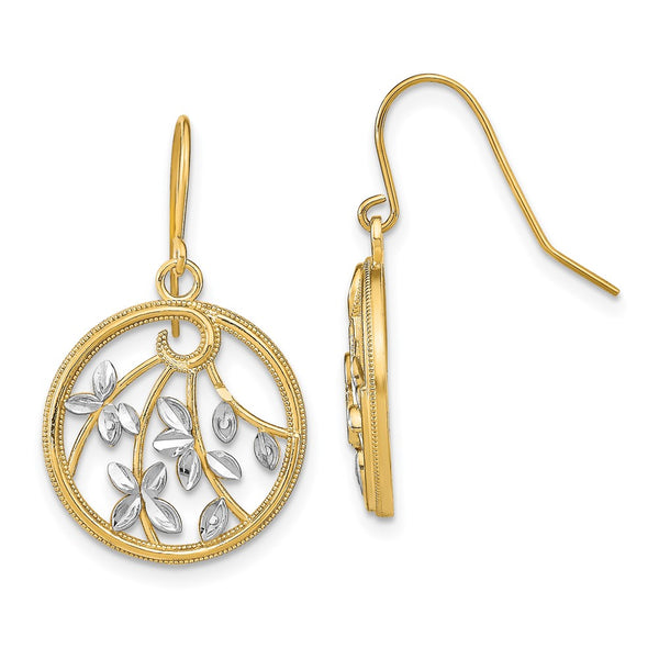 14K Gold & Rhodium Plated Leaf Design Dangle Earrings, 1.5"
