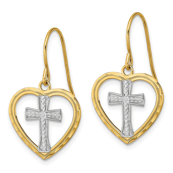 14K Gold Heart Earrings, Rhodium-Plated Center