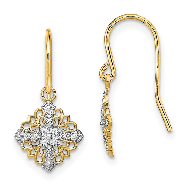 14K Gold & Rhodium Fancy Filigree Dangle Earrings