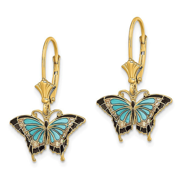 14K Gold Butterfly Leverback Earrings - Aqua Enamel Wings