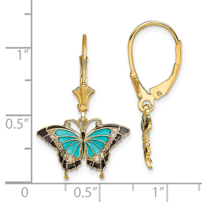 Buy 14K Gold Butterfly Leverback Earrings - Stylish Aqua Enamel Wings-4