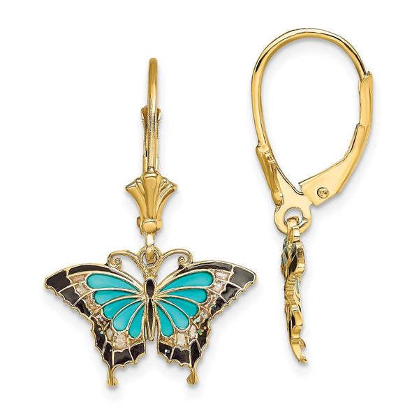 14K Gold Butterfly Leverback Earrings - Aqua Enamel Wings
