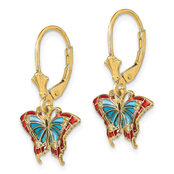 14K Gold Butterfly Leverback Earrings - 0.85mm, Enamel Wings