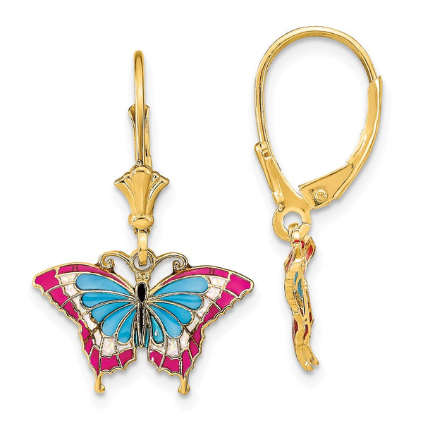 14K Gold Butterfly Leverback Earrings - 0.85mm, Enamel Wings