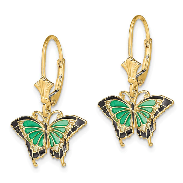 14K Gold Butterfly Leverback Earrings - Green Enamel, 0.85mm